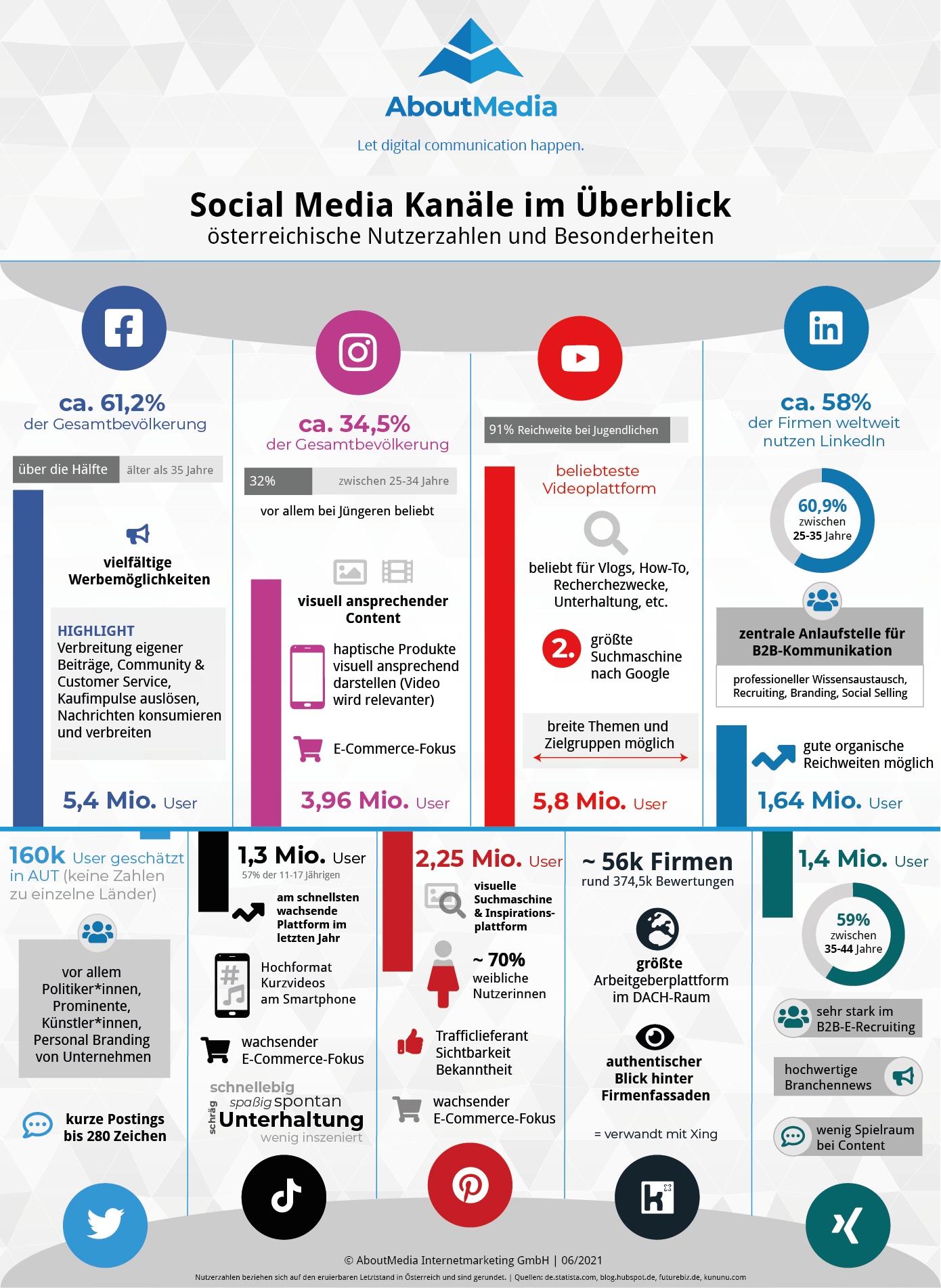 Infografik mit Nutzerzahlen und Infos Social Media Kanäle