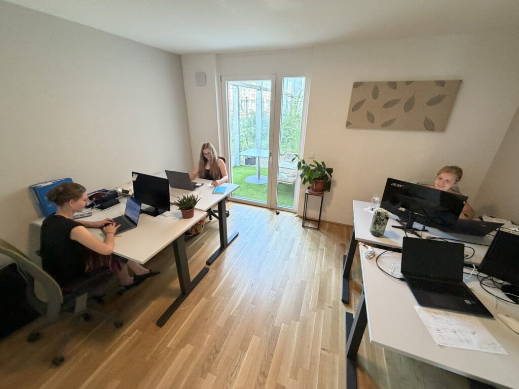 3 Personen im kleineren AboutMedia Büro, mit Laptop.